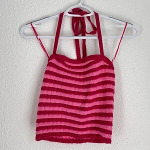 Cotton Candy LA Square Neck Tie Halter Crop Tank Top Pink Stripe Sweater Size M